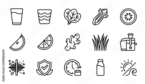 Healthy Ingredients Icons, Fresh Juice Elements, Organic Food Graphics, 15 Vector Icons