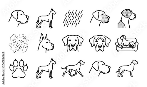 Tableau sur toile Dog Icons Set: Canine Breed Silhouettes, Paw Prints, and Headshots for Pet Lover