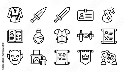 Photos Fantasy RPG Game Icons Set: Medieval Armor, Sword, Potion, Scroll, Banner, Gobli