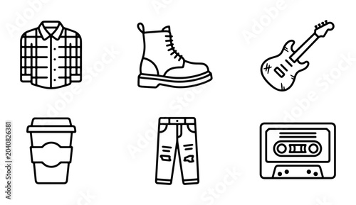 Grunge Style Icons: Flannel Shirt, Boots, Guitar, Coffee, Jeans, Cassette Tape
