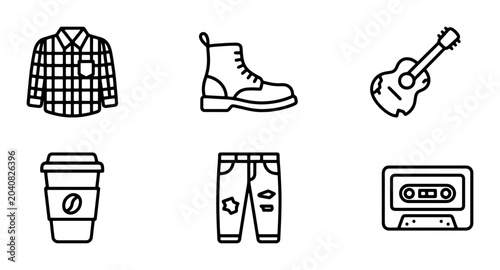 Grunge Style Icons: Flannel Shirt, Boots, Guitar, Coffee Cup, Ripped Jeans, Cassette Tape