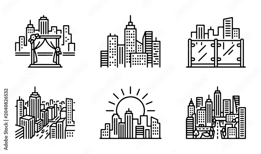 Naklejka premium Modern Cityscape Icons, Urban Skyline Graphics, Downtown Buildings Collection, Vector Art