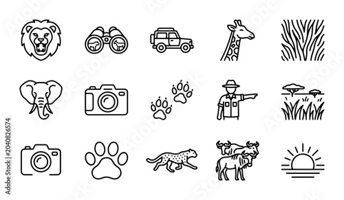 Photography Safari Icons Set: Wildlife, Adventure, and Exploration Vector Graphics for Trave