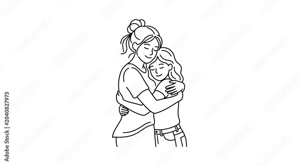 Obraz premium Mother and Daughter Hugging - Line Art Illustration