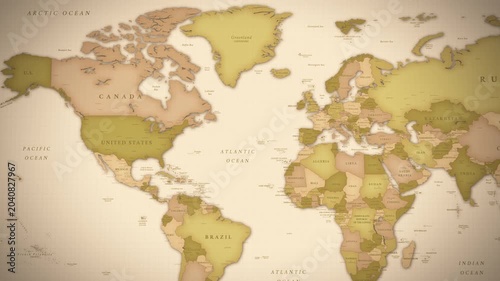 Detailed vintage style political map of North America featuring countries, capitals, major cities, oceans, seas and geographic labels. Antique atlas design.