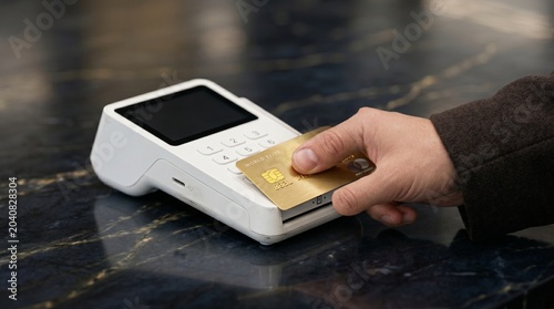 Closeup of a person paying with a gold credit card on a modern payment terminal on a dark marble surface
