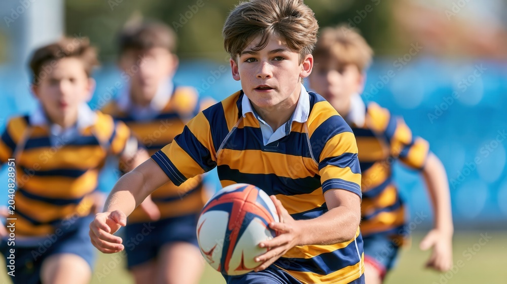 Naklejka premium Youth rugby player running with the ball during a competitive match.