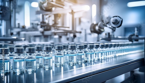pharmaceutical factory production line medical vials pharmaceutical machine work pharmaceutical glass bottle production line vaccine production concept