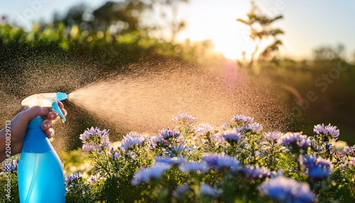blue spray bottle misting water over flowers in sunlight