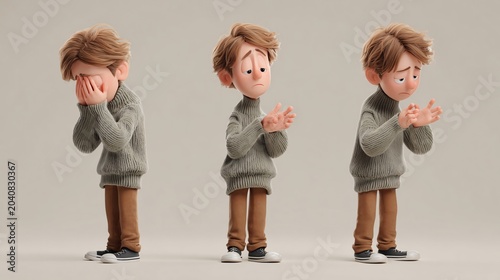 Stylized 3D animated young man expressing deep sadness, crying, and pleading.