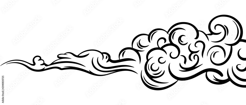 Fototapeta premium Minimalist oriental cloud vector illustration in traditional asian style. Bold black line art of decorative swirling wind and smoke waves isolated on a white background.