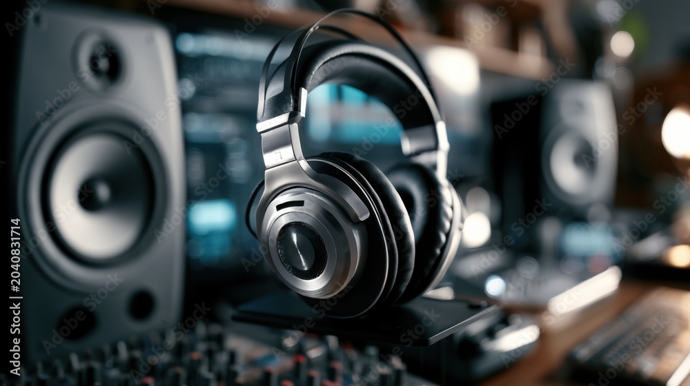Fototapeta premium Studio headphones hanging over mixing console, closeup focus on monitor speakers and tactile faders, ambient lowlight atmosphere, professional gear poised for recording, podcasting and music