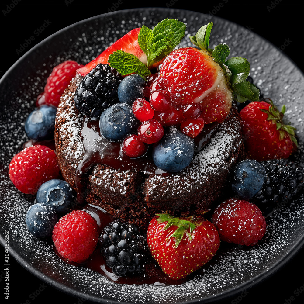 Obraz premium Chocolate lava cake topped with mixed forest berries.