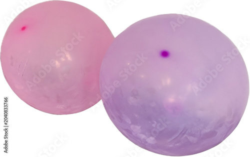 Bright pink and purple rubber balloons with a smooth texture, isolated on a clean white background, perfect for party and celebration design concepts.