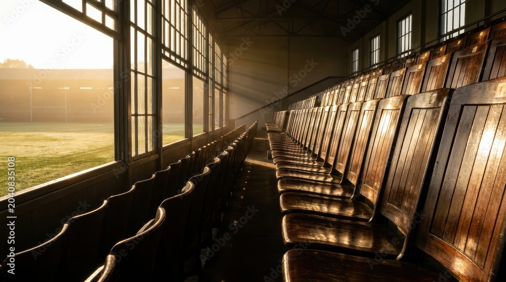 Obraz premium Sunbeams illuminate rows of vintage wooden stadium seats overlooking a misty green field creative design image
