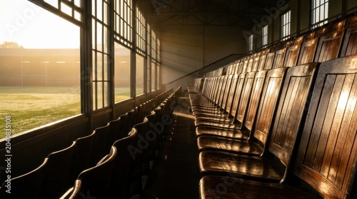 Sunbeams illuminate rows of vintage wooden stadium seats overlooking a misty green field creative design image