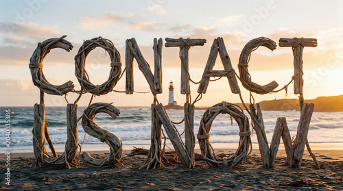 Photos Contact us now message built from driftwood on a beach at sunset, a lighthouse i