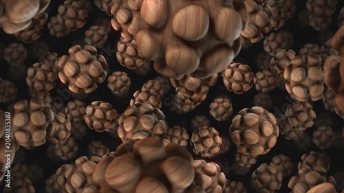 A background of spinning 3D carved wooden style shapes on an endless loop.
