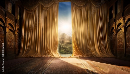 massive temple curtain tearing from top to bottom as light floods through