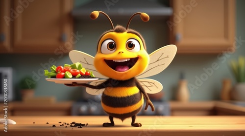 A cute cartoon bee character smiling and holding a small plate of fresh healthy salad in the kitchen