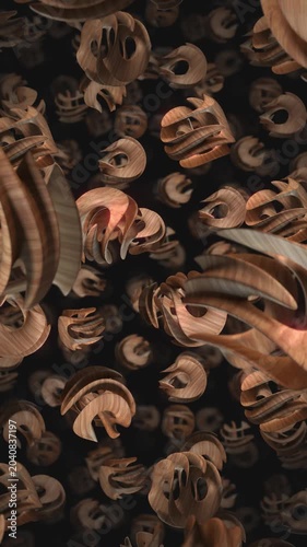 A background of spinning 3D carved wooden style shapes on an endless loop.
