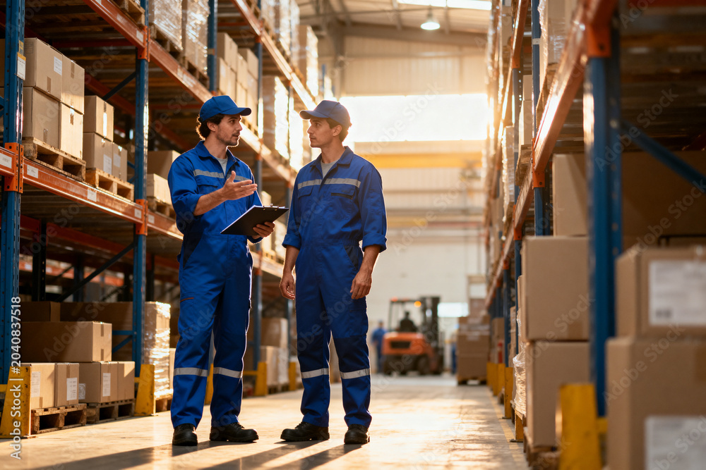 Fototapeta premium Warehouse workers discussing logistics and inventory management in a storage facility
