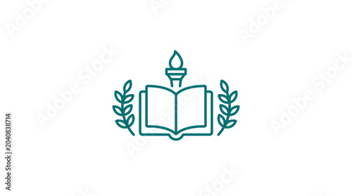 Photos Open Book with Torch and Laurel Wreath Line Icon - Symbol of Knowledge and Succe