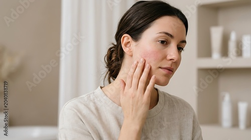 Young woman gently touching her sensitive, red cheek, inspecting skin condition in a minimalist bathroom, focusing on self-care and skincare routine