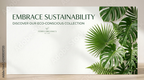Photos Ecofriendly concept banner with green tropical leaves on a white background, ter