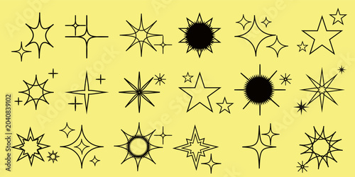 Star sparkle outline doodle set vector. Hand drawn star glitter sparks outline. Sparkle and starburst icons. Glittering spark star outline shapes. Shiny line firework star outline icon.