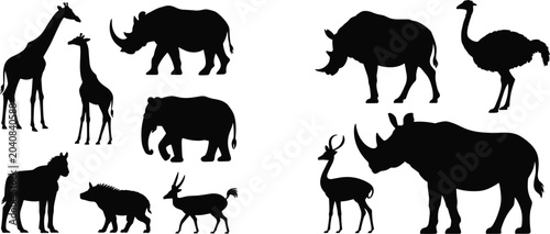 Foto African safari wildlife black silhouette collection set featuring giraffes rhino