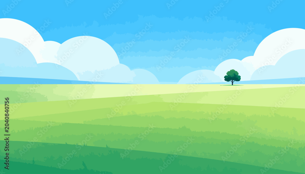 Obraz premium Soft clouds drift above endless green fields. One lone tree stands tall in the distance. Sky is bright blue with gentle, rounded clouds. Peaceful, quiet countryside with no movement