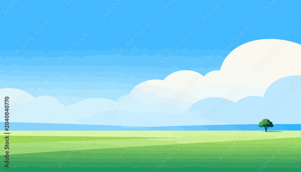 Fototapeta premium Soft clouds float above vast green fields. One solitary tree stands in quiet grace. Blue sky stretches endlessly, calm and wide. Nature's peace invites stillness and reflection