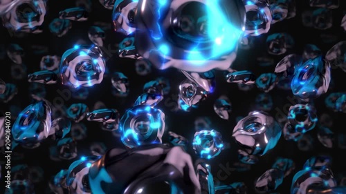 A background of spinning 3D dark chrome style electric style shapes on an endless loop.
