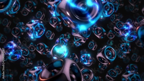 A background of spinning 3D dark chrome style electric style shapes on an endless loop.
