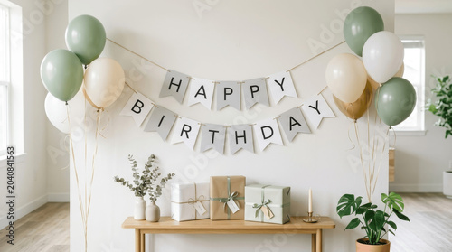 Minimalist Birthday Decoration Layout with Sage Green and White Balloon Bunches, Happy Birthday Banner, and Wrapped Gift Boxes