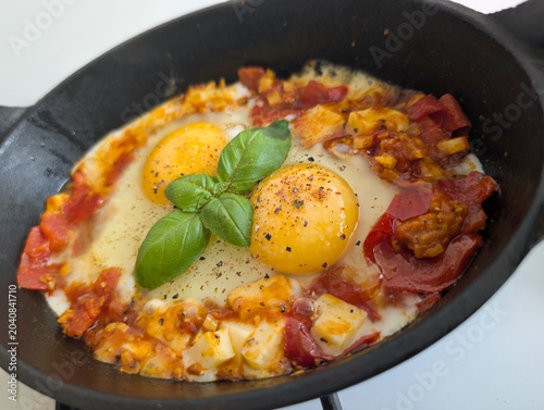 Cast Iron Skillet Breakfast with Sunny Side Eggs Cheddar Chorizo and Basil. Rustic Shakshuka with Eggs in Cast Iron Pan. Overhead view of a traditional Middle Eastern breakfast served on a stovetop