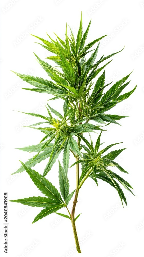 Fototapeta premium Hemp twig with leaves on a white background, cannabis
