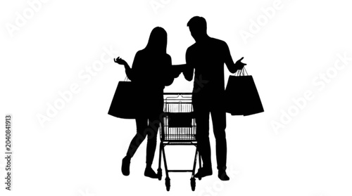 Foto Couple arguing with shopping cart and bags