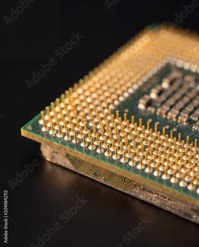 Computer processor chip with gold pins and copper traces macro AI semiconductor