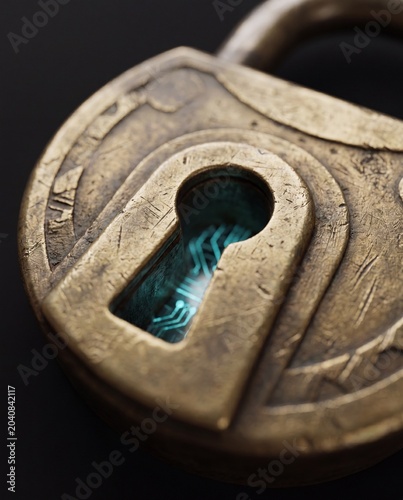 Brass padlock keyhole glowing circuit pattern macro AI cybersecurity data protection