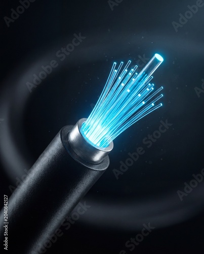 Fiber optic cable end glowing blue light filaments macro AI data center technology