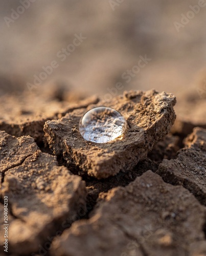 Water droplet on cracked dry earth macro drought water stress climate scarcity