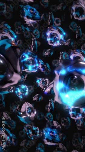 A background of spinning 3D dark chrome style electric style shapes on an endless loop.
