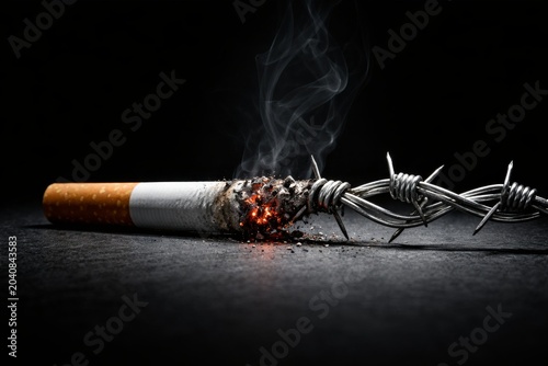 Cigarette wrapped in barbed wire with burning tip and smoke symbolizing addiction and health danger
