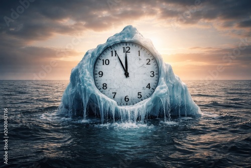 Frozen clock iceberg floating in ocean at sunset - conceptual time and climate melting urgency