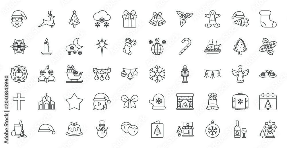 Naklejka premium Christmas icon set. Santa Claus, Christmas tree, gift, reindeer, snowflake, jingle bells, snowman, candy cane, Christmas stocking, ornaments, Christmas lights and more. Outline vector icons collection