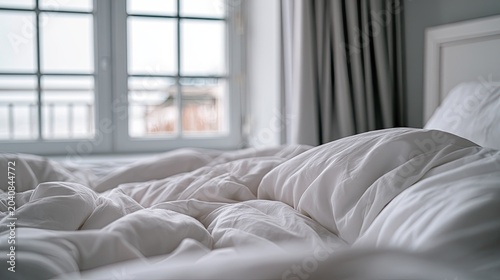 Soft, rumpled white bedding in a sunlit room with a large window