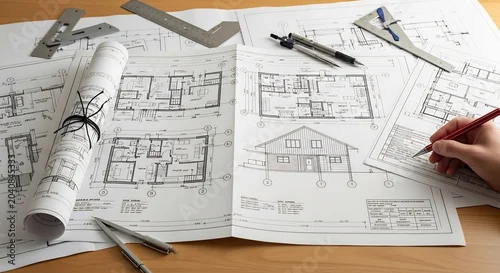 Obraz Architectural blueprints and tools on a wooden table design and planning concept.