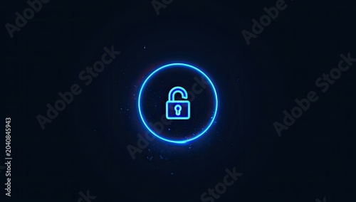 Glowing blue open padlock icon within a neon circle on dark background